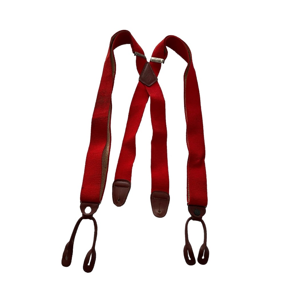 Vintage Red Fabric‎ Tan Leather Men's Suspenders Braces
